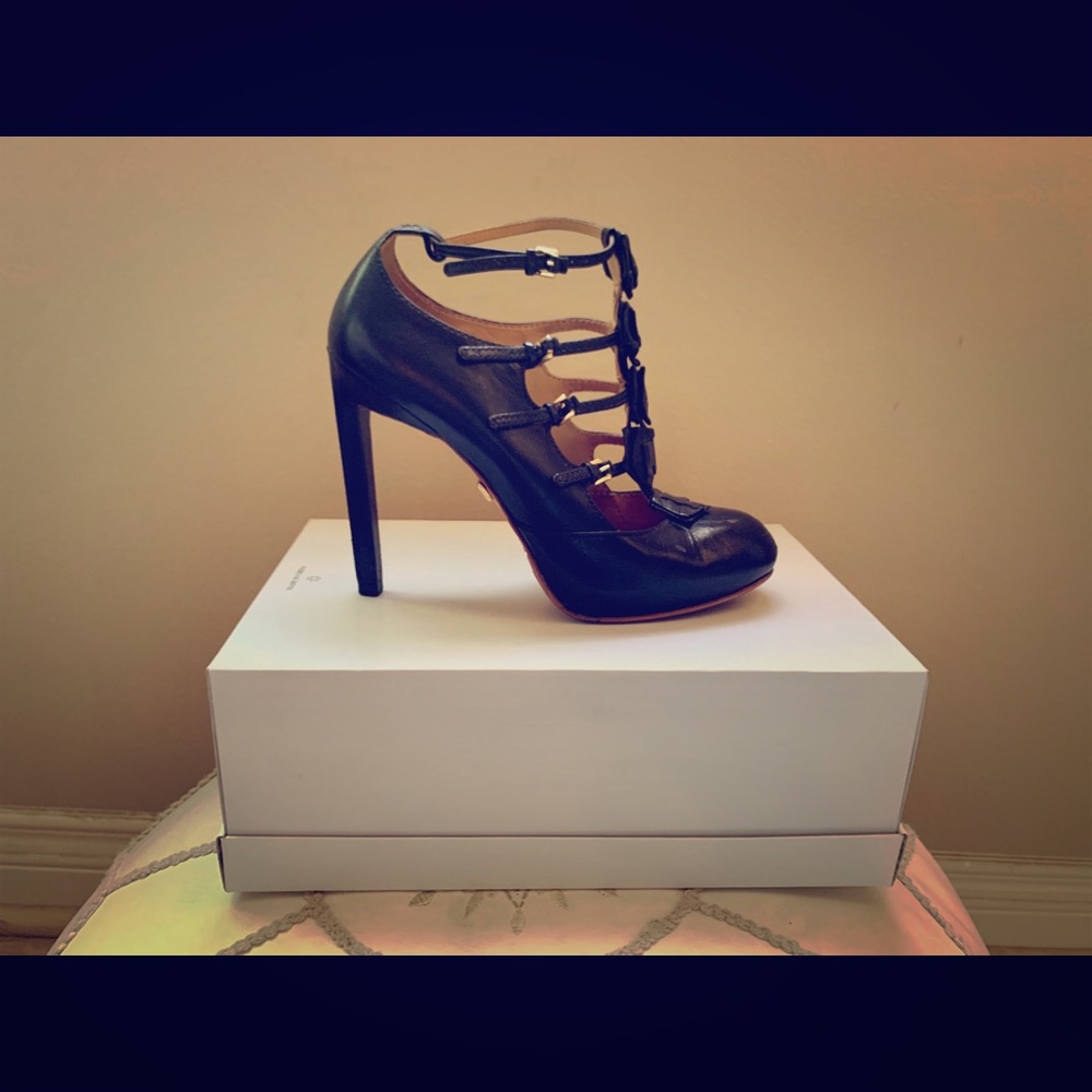 L.A.M.B Black Leather Strappy Ankle Strap Pumps